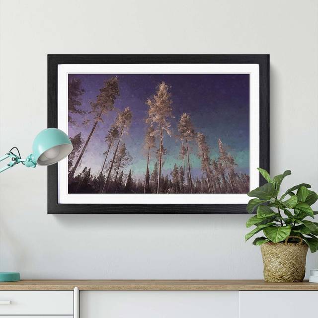 Trees Below the Northern Lights - Picture Frame Graphic Art Print - Black (60cm H x 91cm W x 2cm D)