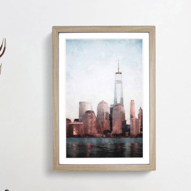 Downtown New York City Skyline - Picture Frame Painting Print - Oak Framed (45cm H x 33cm W x 2cm D)