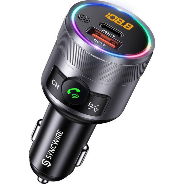 SYNCWIRE Bluetooth 5.3 FM-sändare för bil, 48 W PD och QC 3.0 billaddare supersnabb laddning adapter, trådlös FM-radio, djup bas, handsfree-samtal, färgat LED-ljus