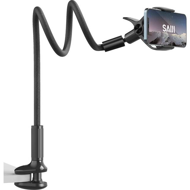 SAIJI Gooseneck Phone Holder for Bed Overall Length 38.6  Flexible Leather Wrapped Arm Overhead Cell Phone Mount Stand with 360 Adjustable Clamp Clip