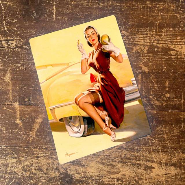 Pin up Girl on Car Metal Personalised Art Wall Décor - Red;Yellow (40cm H x 28cm W)