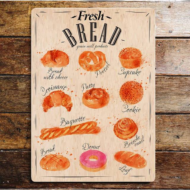 Fresh Bread Bakery Kitchen Metal Vintage Wall Sign - Beige;Orange (40cm H X 28cm W)