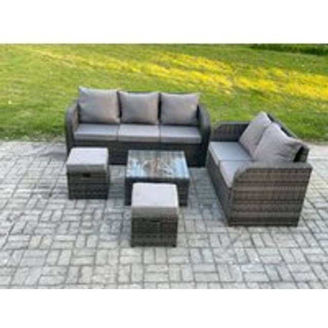 Fimous - pe Rattan Garden Furniture Sets 7 Seater Outdoor Lounge Sofa Set Square Coffee Table 2 Small Footstools