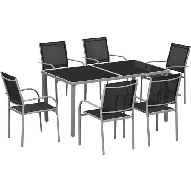 Outsunny 7 Piece Garden Dining Set, Steel Outdoor Table and Chairs, Black, Black
