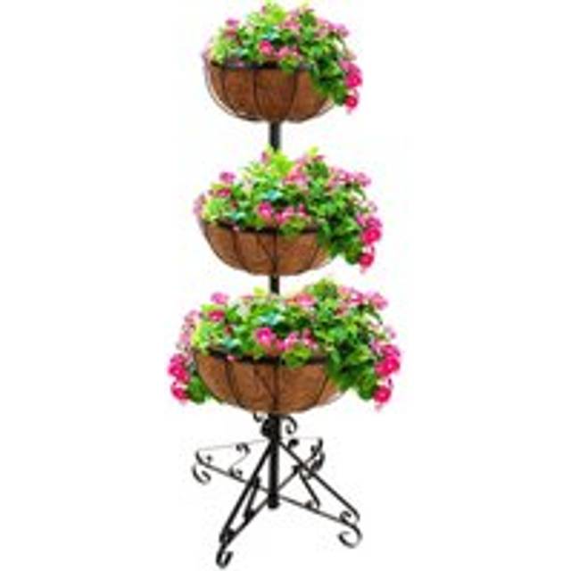 3 Tier Flower Fountain Coco Liner Planter Plant Pot - Brown Black