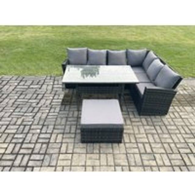 Fimous 7 Seater Garden Rattan Furniture Corner Sofa Dining Table Set with Big Footstool Indoor Outdoor Lounge Sofa Set