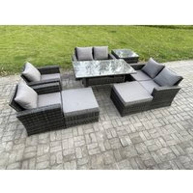 Fimous Garden Furniture Sets 8 Pieces Rattan Furniture Handmade Wicker Patio Sofa Set with 2 Big Footstool Side Table Dark Grey Mixed