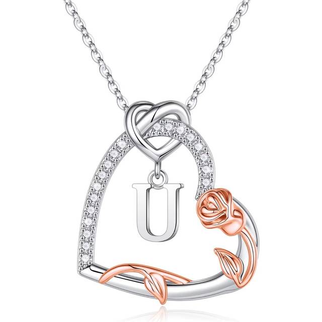 Iefil Rose Heart Necklace Gifts for Women  Sterling Silver Initial V Letter Heart Pendant Necklace Jewelry Anniversary Valentines Day Gifts for Her Mo