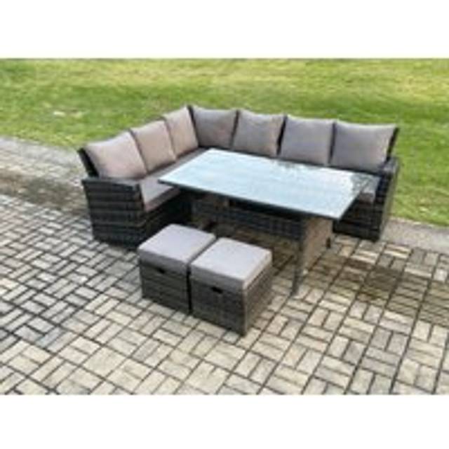 8 Seater Garden Rattan Furniture Corner Dining Set with 2 Small Footstools Indoor Outdoor Lounge Sofa Set - Dark Grey - One Size
