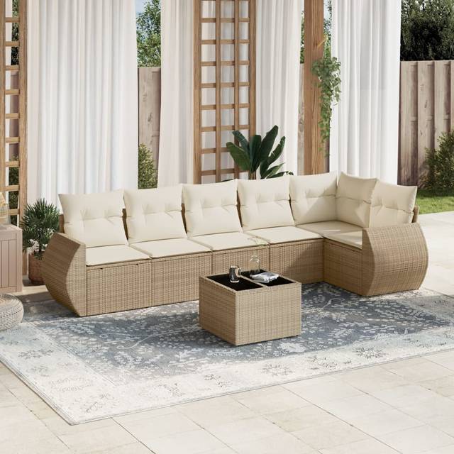 Matgrupp för trädgården med dynor 7 delar beige konstrotting