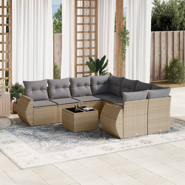 Soffgrupp för trädgården med dynor 9 delar beige konstrotting