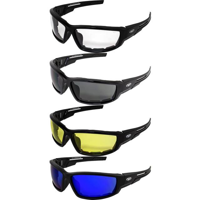 Global Vision Sly Padded Motorcycle Sunglasses Black Riding Glasses for Men or Women (Clear Smoke Yellow & Blue)