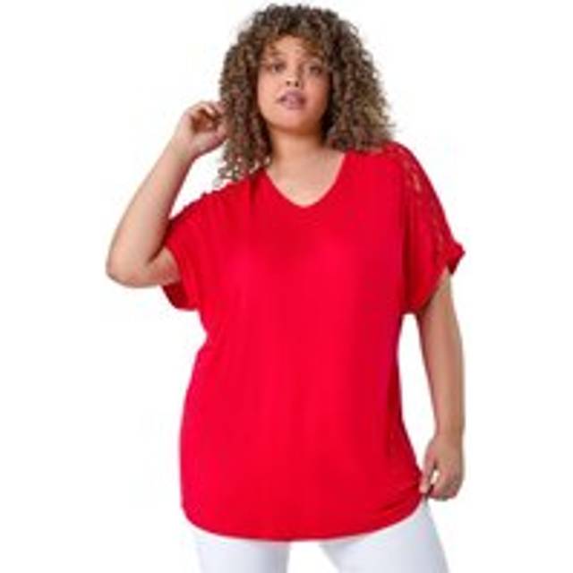 Roman Curve Womens Lace Shoulder Stretch Jersey T-Shirt - Red - Size 18 UK