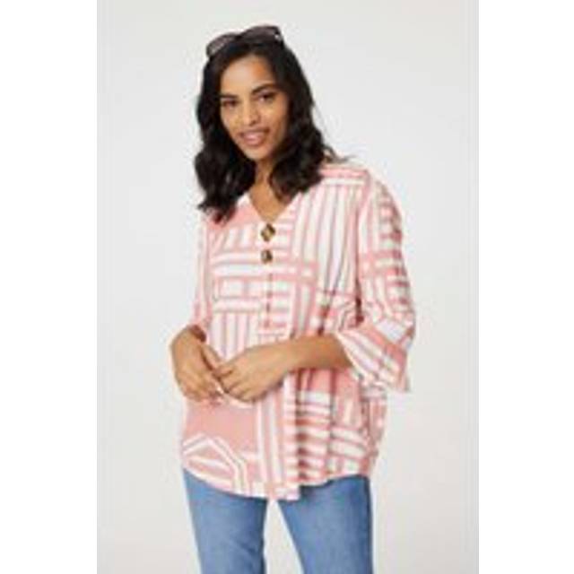 Printed 3/4 Flare Sleeve Blouse - Pink - Size 12 - Izabel London