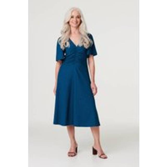 Izabel London Plain Ruched Front Midi Dress In Blue - 12
