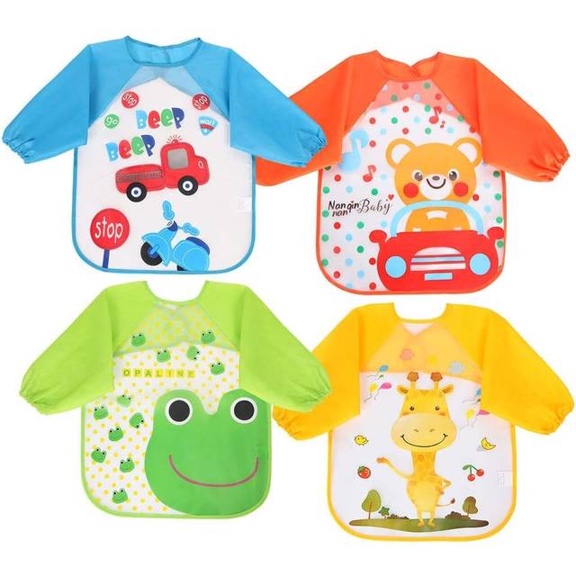 Vicloon Bibs with Sleeves,4 Pcs Waterproof Long Sleeve Bib Unisex Feeding Bibs Apron for Infant Toddler 6 Months to 3 Years Old