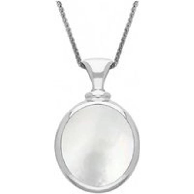 9ct White Gold Blue John White Mother Of Pearl Small Double Sided Oval Fob Necklace - White Gold