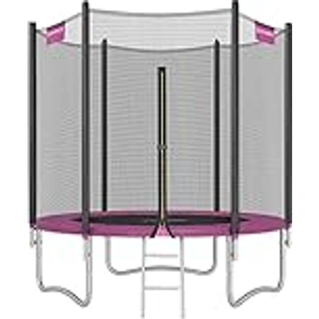 SONGMICS studsmatta Ø 183 cm, trädgårdstrampolin för barn med skyddsnät, kantskydd, stege, 180 cm höga raka stänger, stålram, svart-rosa STR061P01V1