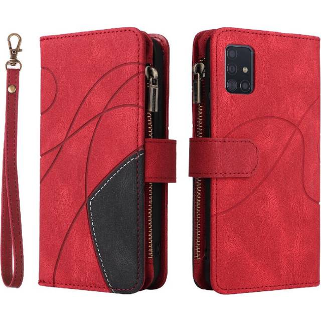 (Red) Case For Samsung Galaxy A51 4G Two-color Stitching Nine Card Slots With Card Slot Stand Kickstand Protective Zipper Wallet Style