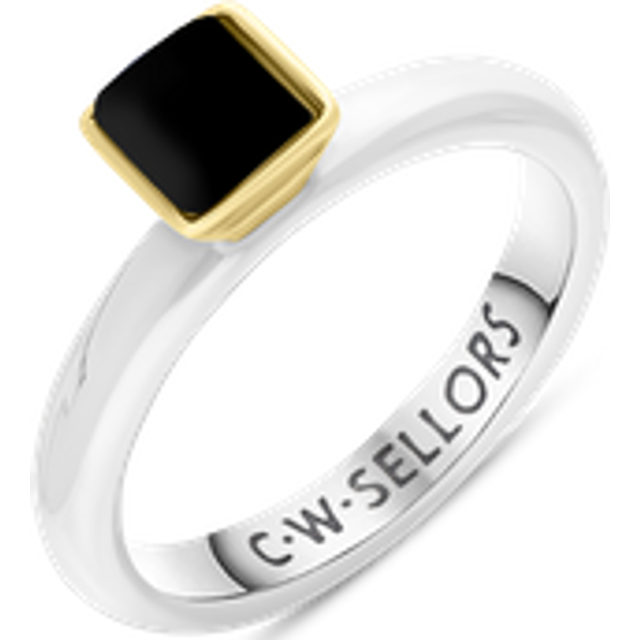 9ct Yellow Gold Sterling Silver Whitby Jet Stepping Stones 5mm Square Bezel Set Ring