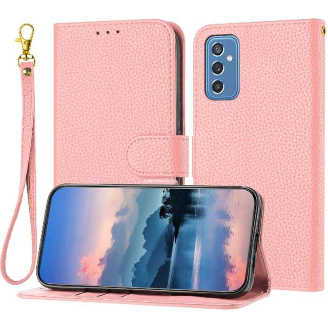 (Pink) Phone Case For Samsung Galaxy M62 Wallet PU Lether Flip Folio Litchi Pattern Card Slots Holder