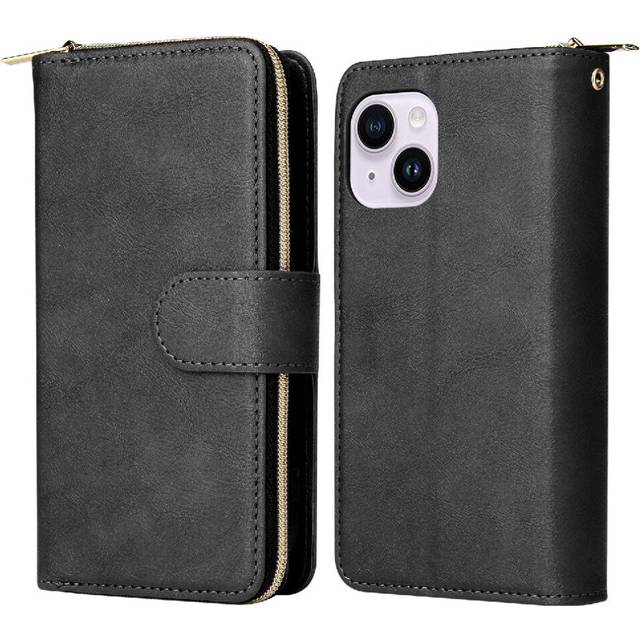 (Black) Case For IPhone 14 Plus Flip Cover Wallet Case With 9 Card Slots Zipper Pocket With Hand Strap Card Holder