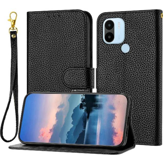 (Black) Phone Case For Xiaomi Redmi A1 Plus/A2 Plus Wallet PU Lether Card Slots Holder Litchi Pattern Flip Folio