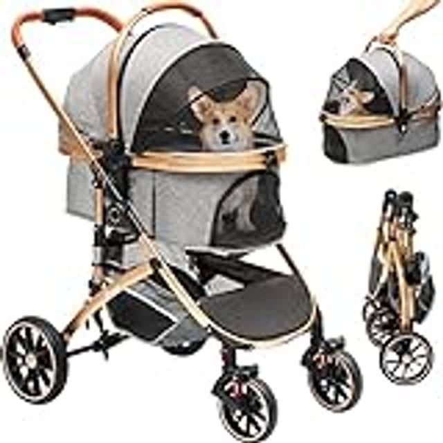 YITAHOME Pet Stroller 3-in-1, One-Click Foldable Cat Dog Stroller, Dog Pushchair, Dog Pram with Detachable Carrier Storage Basket Cup Holder