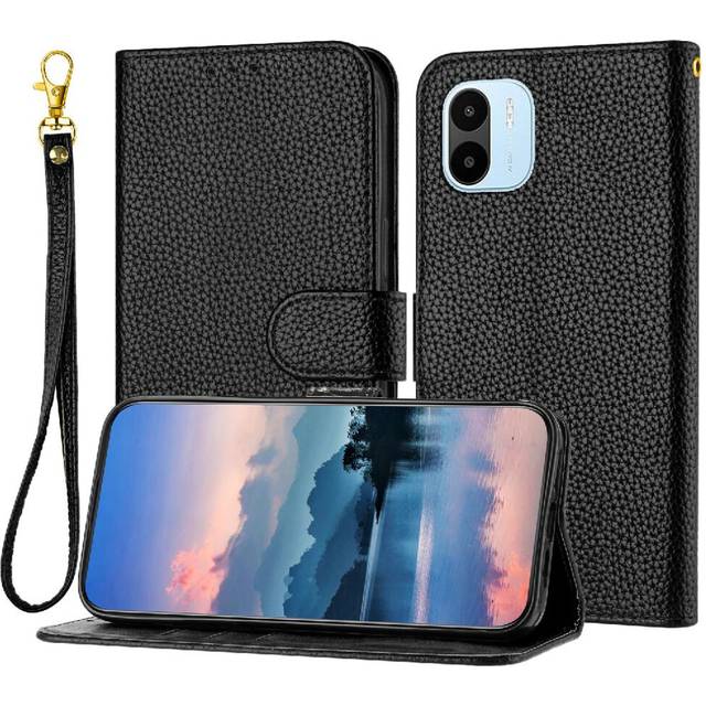 (Black) Phone Case For Xiaomi Redmi A1/A2 Litchi Pattern Flip Folio Card Slots Holder Wallet PU Lether