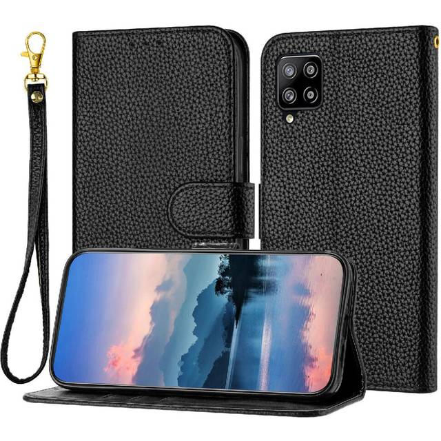 (Black) Phone Case For Samsung Galaxy A42 5G Wallet Litchi Pattern PU Lether Flip Folio Card Slots Holder