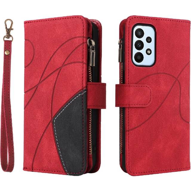 (Red) Case For Samsung Galaxy A23 4G Kickstand Protective Nine Card Slots Zipper Wallet Style With Card Slot Stand Two-color Stitching
