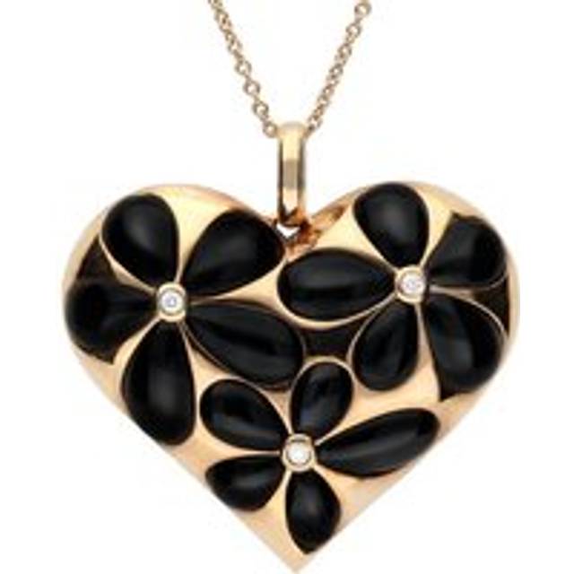 18ct Rose Gold Whitby Jet 0.05 Carat Diamond Large Heart Pendant - Option1 Value Rose Gold