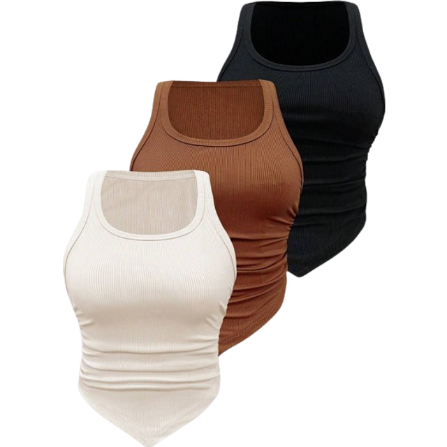 SHEIN Solid Colored Rib Knit Asymmetrical Hem Pleated Tank Top Set, Multiple Colors Available