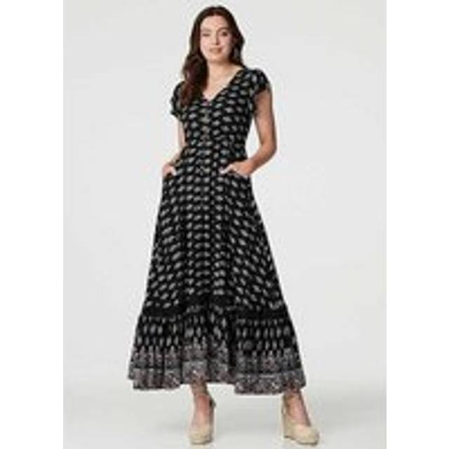 Izabel London Printed V-Neck Lace Hem Maxi Dress - Black - 12