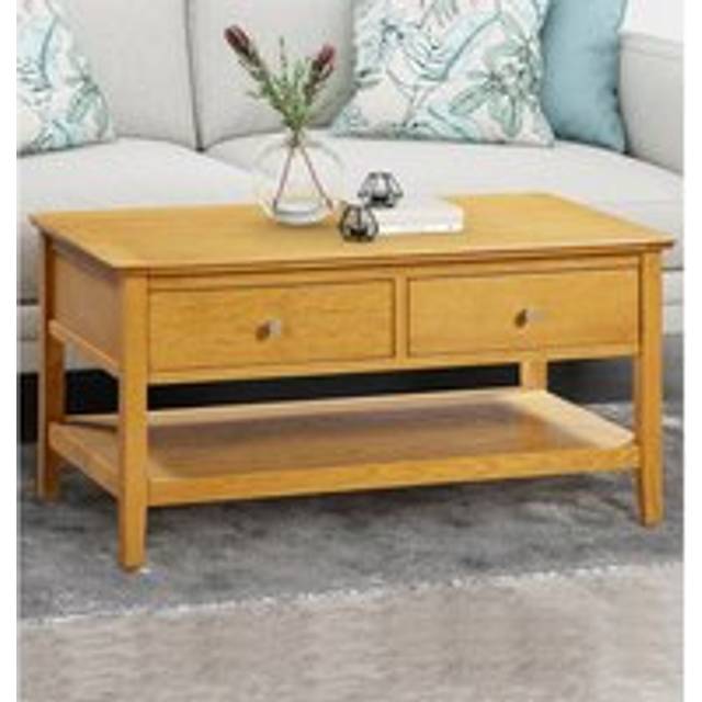 Hallowood Furniture - Hereford Oak Large Coffee Table with Storage Drawers & Shelf, Light Oak Solid Wooden Side Table, Rectangular Coffee Table with