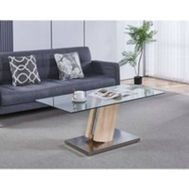 Hallowood Furniture - Finely Large Coffee Table with Glass Top, Modern Centre Table for Living Room with Metal and Wooden Frame, Occasional Table,