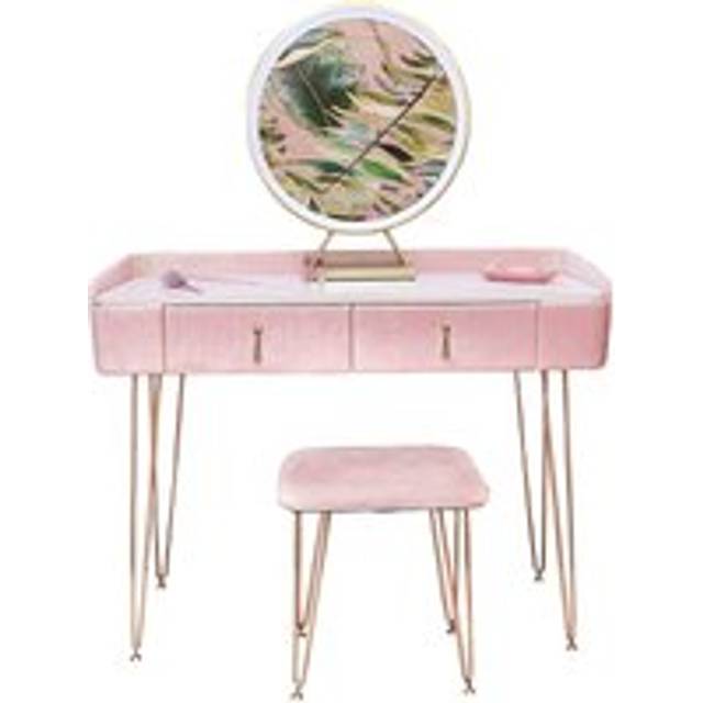 CARME Home Tokyo Glow Velvet Dressing Table With Led Touch Sensor Mirror Pink, Pink