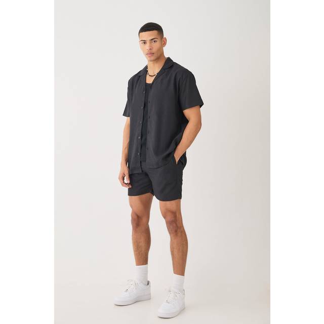 Short Sleeve Oversized Linen Blend Shirt & Short - Black - S