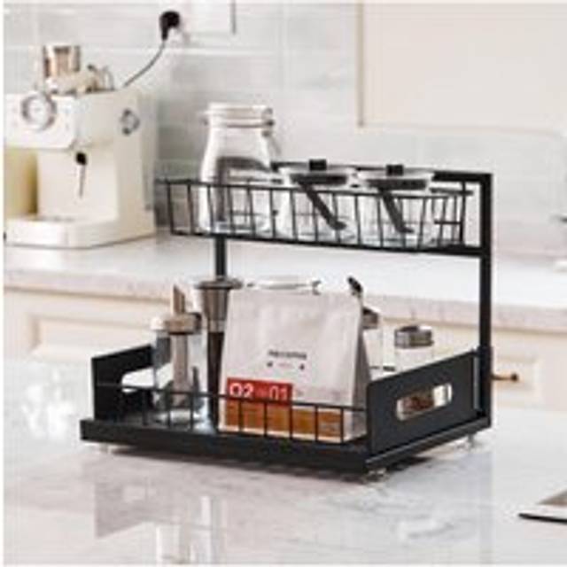 2-Tier Metal Spice Jar Rack Kitchen Sliding Storage Organizer - Black - One Size