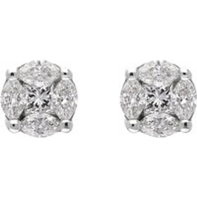 18ct White Gold 0.39ct Diamond Princess and Marquise Cut Cluster Stud Earrings - Option1 Value White Gold