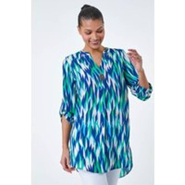 Abstract Longline Button Detail Tunic Top - Blue - 16