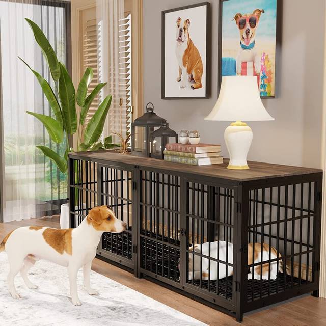 (Black, Extra Large 107 x 71 x 81cm) Heavy Duty Dog Kennel Wooden Dog Crate Puppy Cage End Table