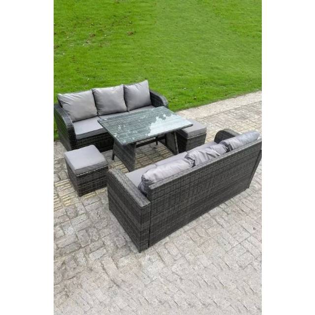 Outdoor Rattan Garden Furniture Sofa Set Dining Table Curved Arm Lounge Sofa Small Footstools 8 Seater - Fimous