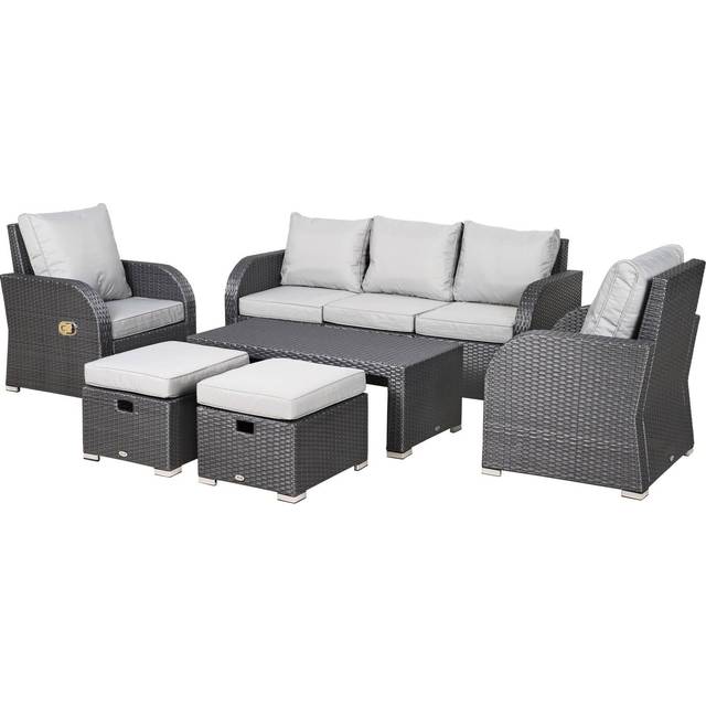Outsunny 6pc Padded Outdoor Rattan Wicker 3-Seat Sofa Recliner Footstool Table - Light Grey | TJ Hughes