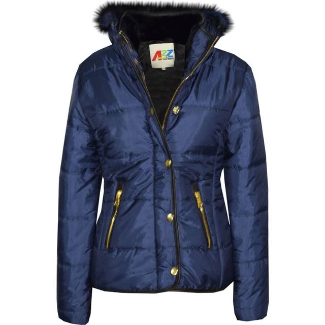 (3-4 Years, Navy Blue) Girls Puffer Quilted Faux Fur Navy Hooded Coat