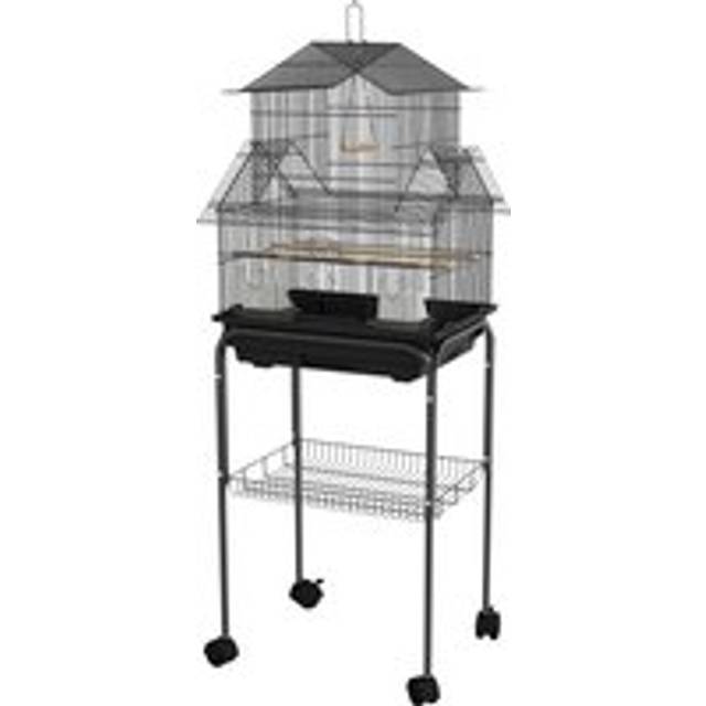Pawhut Metal Bird Cage With Plastic Swing Perch Food Container Tray Handle For Finch Canary Budgie 50.5 X 40 X 63cm Black