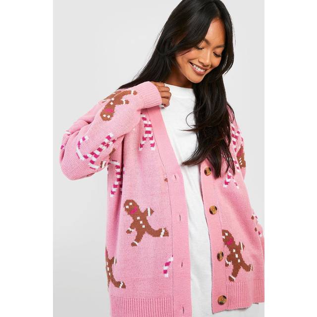 Womens Gingerbread And Candy Cane Christmas Cardigan - Pink - S, Pink