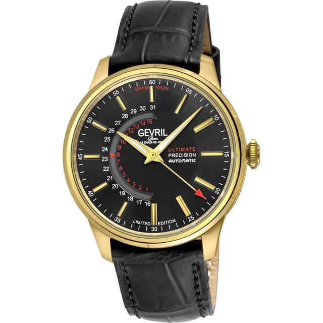 Gevril Mens Guggenheim Sellita SW220 Custom date wheel Genuine Italian Handmade Black Leather Watch - One Size