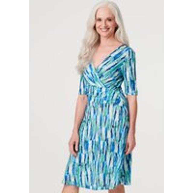 Printed Faux Wrap Dress - Green - Size 12 - Izabel London
