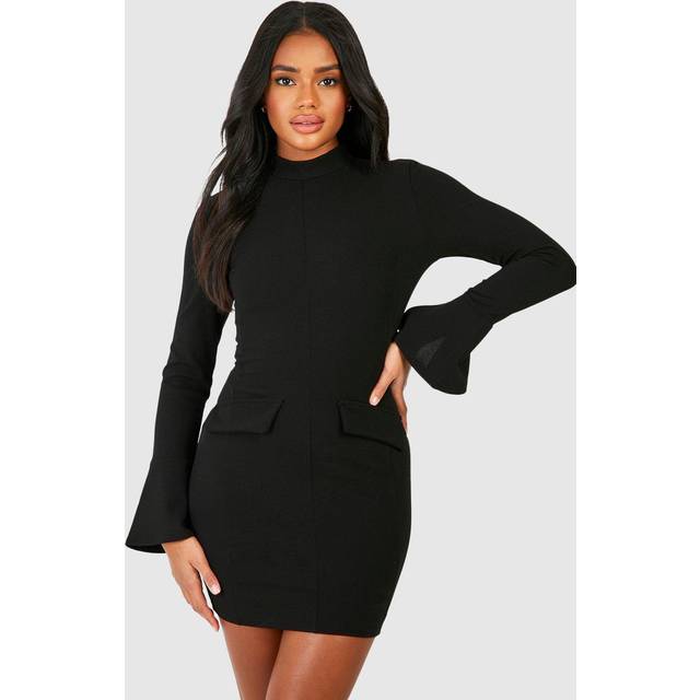 boohoo Women's Crepe High Neck Pocket Detail Mini Dress in Black | Size: 6